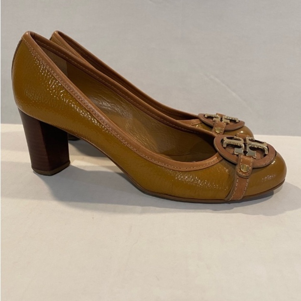 Tory Burch Brown Leather Block Heel Pumps